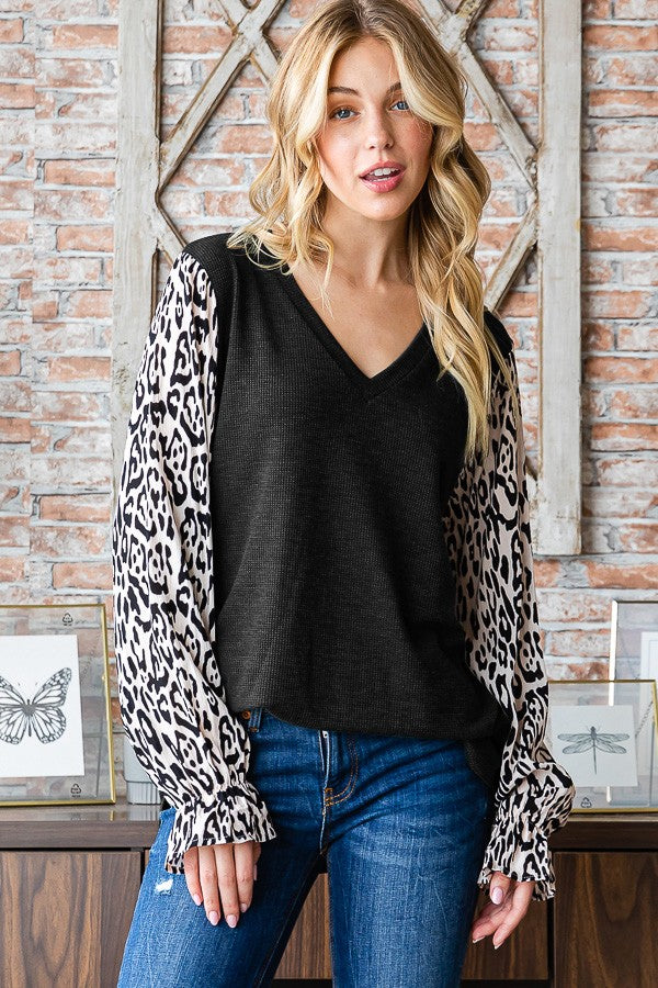 Plus Black Animal Sleeve Top