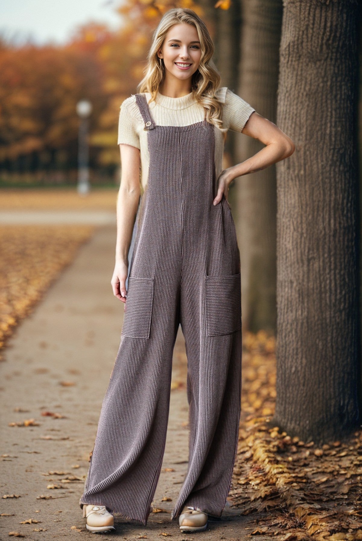 Plus Brown Ribbed Jumpsuits