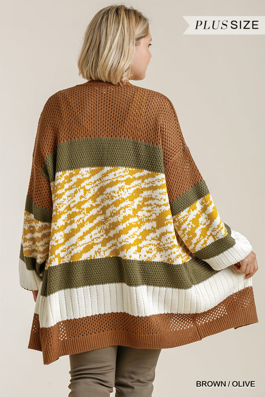 Umgee Brown Olive Stripe Cardigan Plus