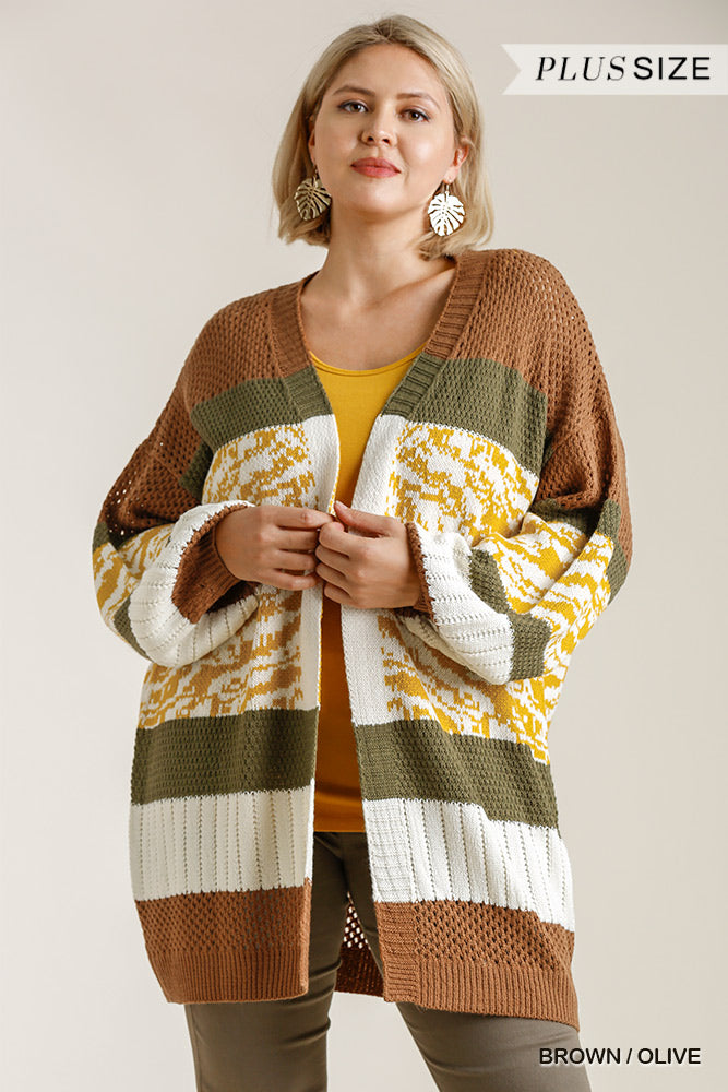 Umgee Brown Olive Stripe Cardigan Plus