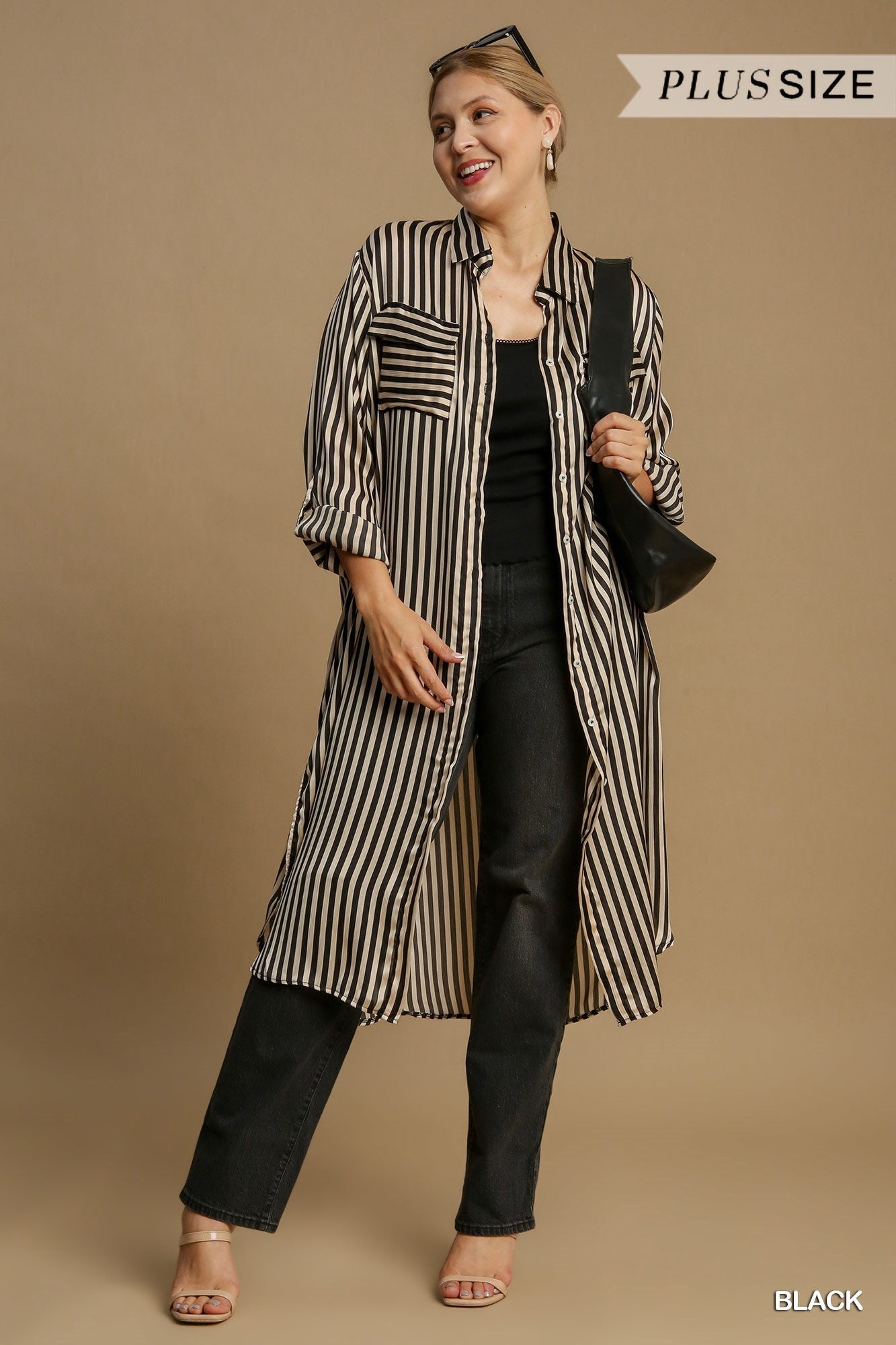 Black Striped Collared Midi Dress Umgee