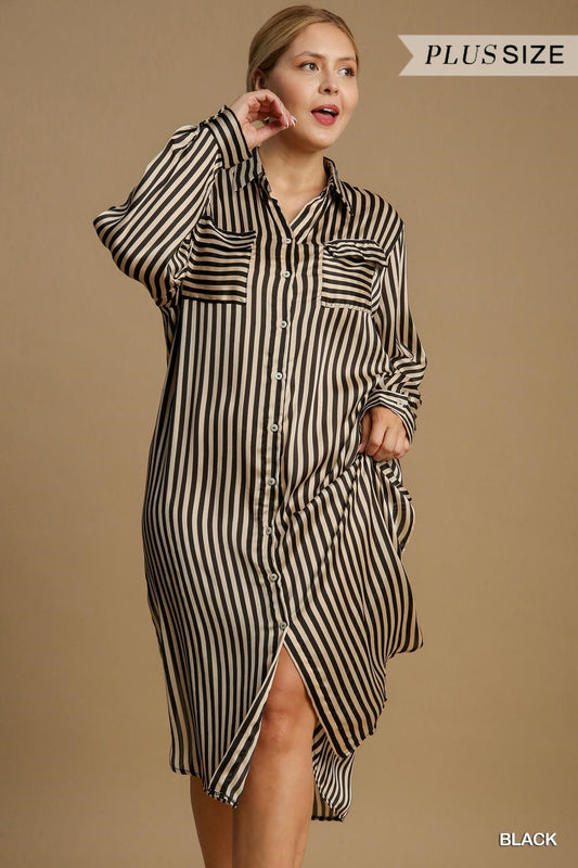 Black Striped Collared Midi Dress Umgee