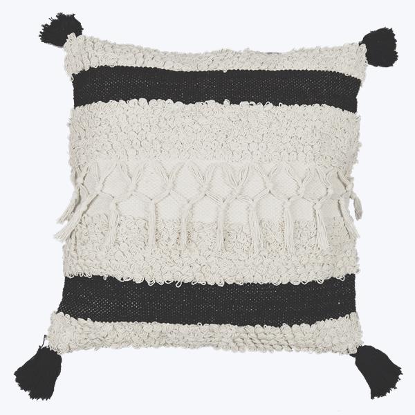 COTTON HAND WOVEN PILLOW WITH TEXTURE AND TASSELS, BLACK AND WHITE