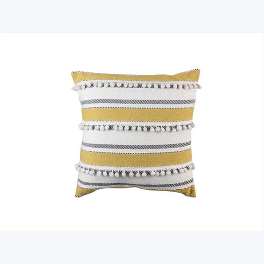 COTTON HAND WOVEN PILLOW WITH POMS, GOLD