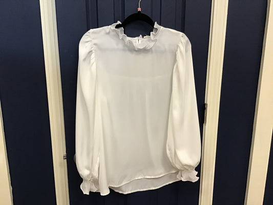 White Pearl Trim Scallop LS Blouse