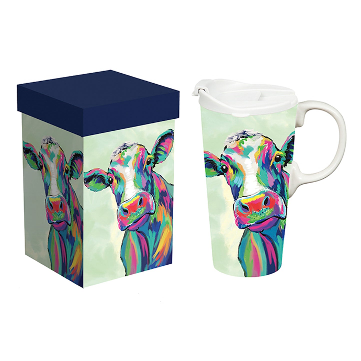 Ceramic Perfect Travel Cup, 17oz., w/ Gift Box, Colorful Cow