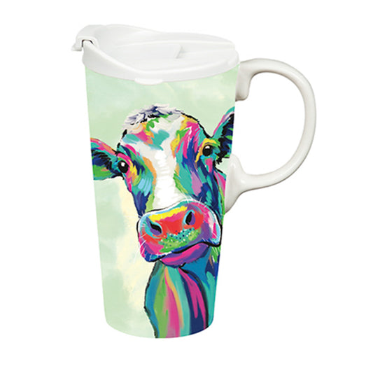 Ceramic Perfect Travel Cup, 17oz., w/ Gift Box, Colorful Cow