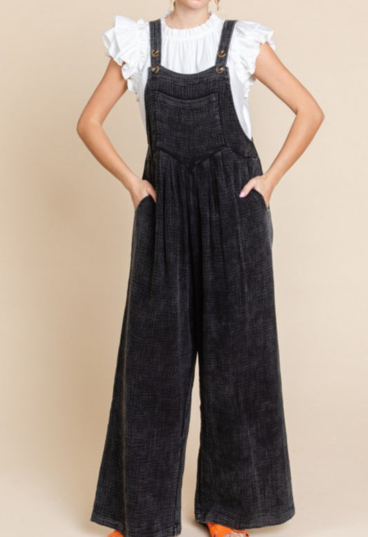 Black Cotton Buttoned Overalls