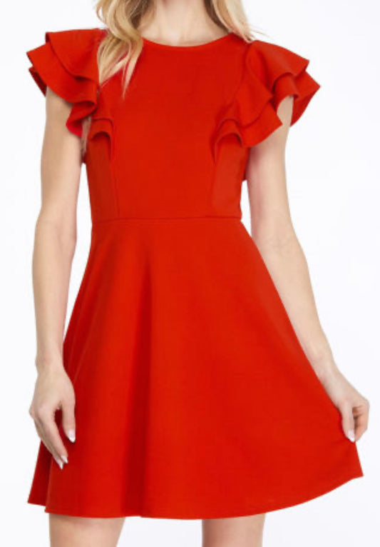 RED SOLID RUFFLE SLEEVE DRESS