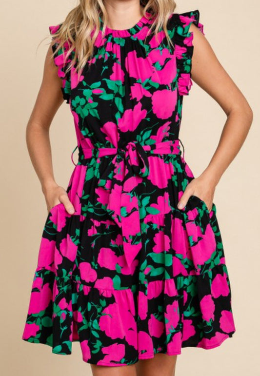 Black | Hot Pink Floral Belted Dress