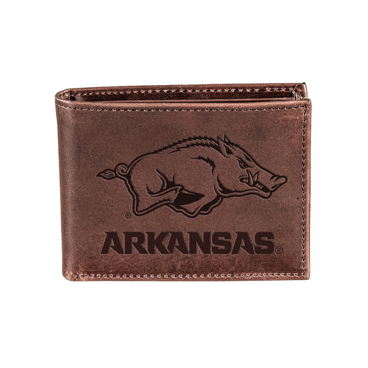 University of Arkansas, Bi-Fold Wallet, Brown, CH, 100% Genuine Leather