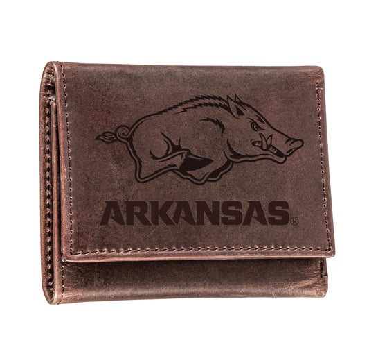 University of Arkansas, Tri-Fold Wallet, Brown, 100% Genuine Leather