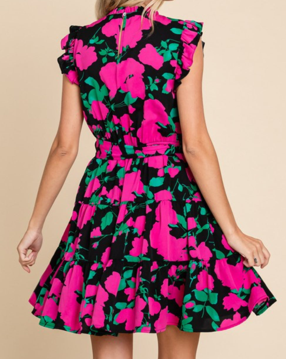 Black | Hot Pink Floral Belted Dress