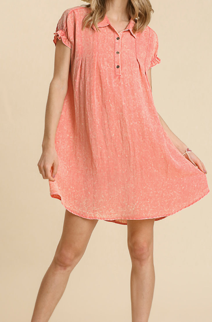 Coral Snow Washed Pleated Dress