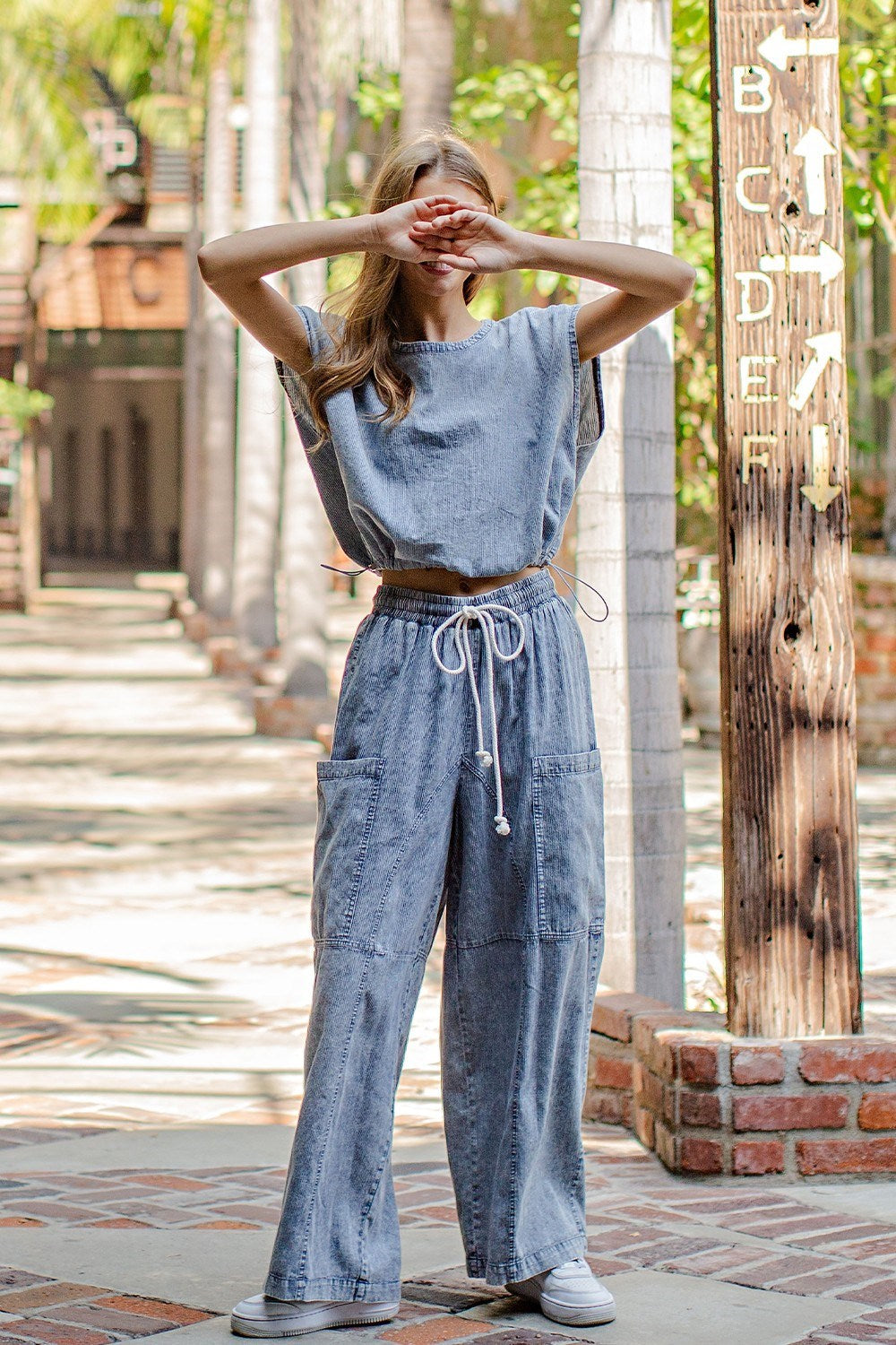 Wide Leg Denim Pinstripe Pants