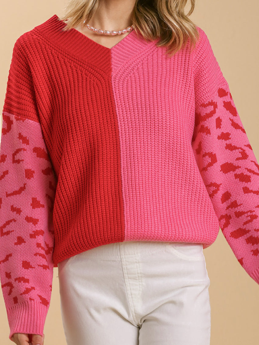 Hot Pink | Red Color Block Leopard Sleeve Sweater