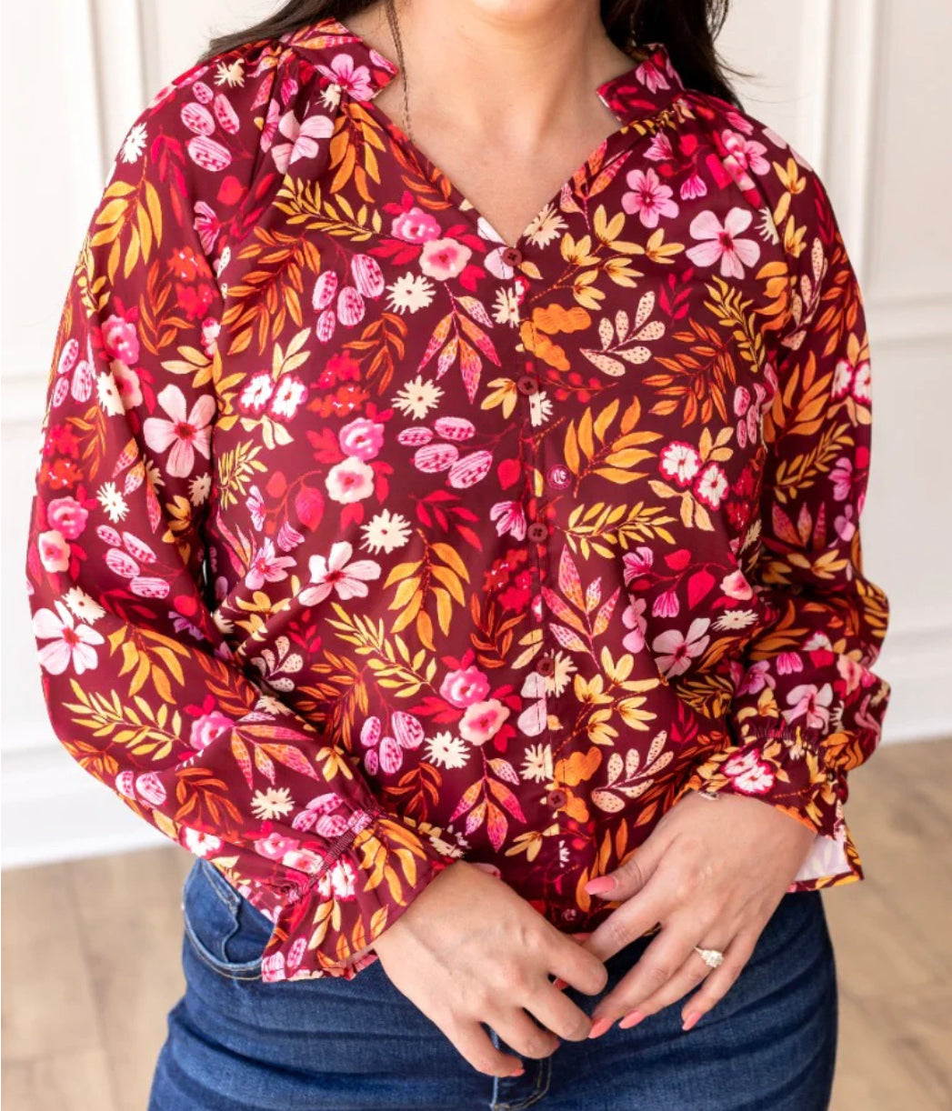 Maroon Floral Button Top