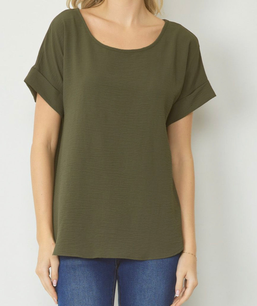 Olive Rolled Sleeve Top