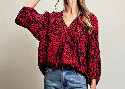 Red Leopard Drawstring Blouse