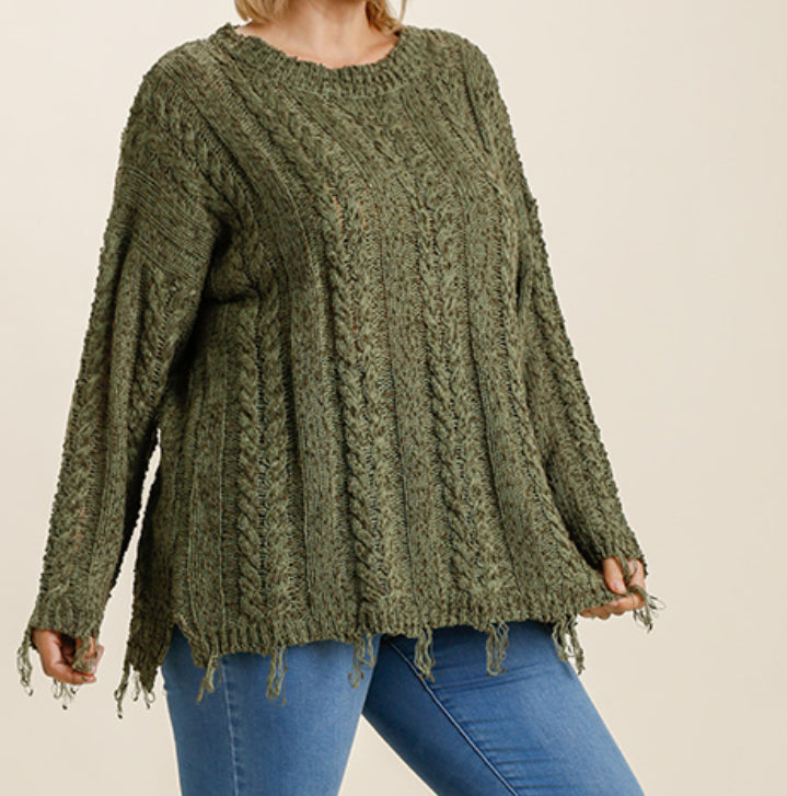 Olive | Ashbrown Frayed Sweater