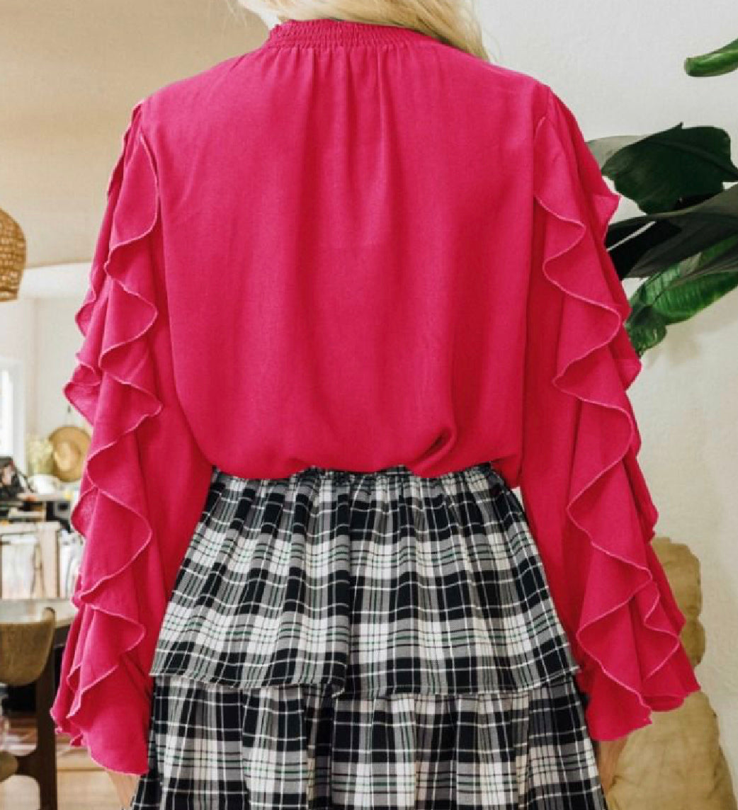 Fuchsia Smocked Neck Ruffle Blouse