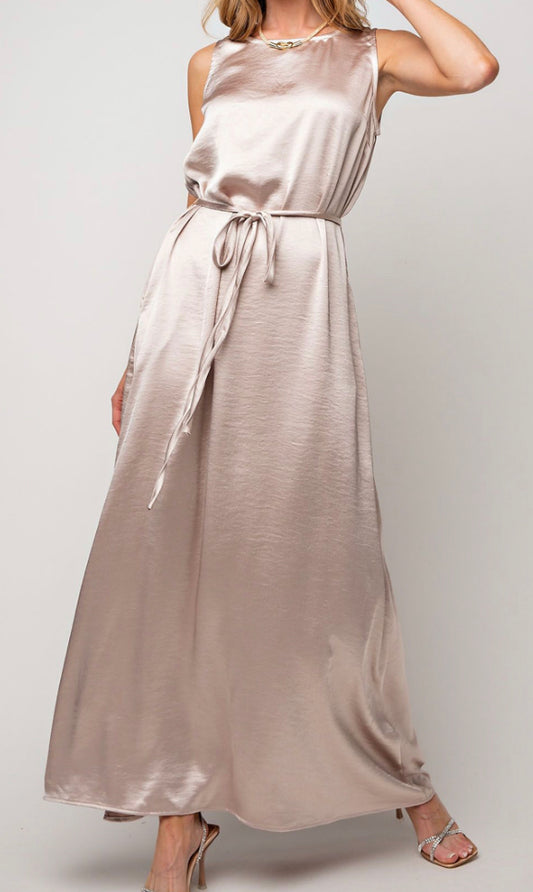 Champagne Dull Satin Tie Dress