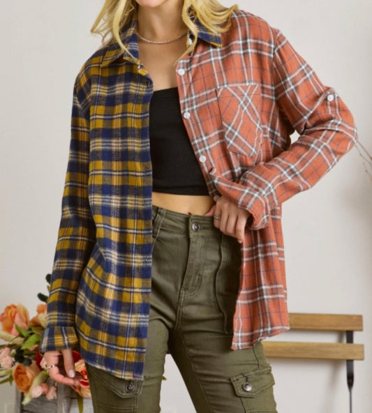 Rust | Mustard Colorblock Plaid Button Down