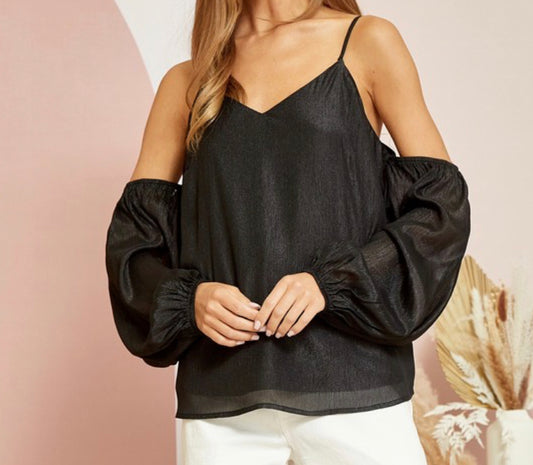 Black Shimmer Tank Open Shoulder Sleeve Top