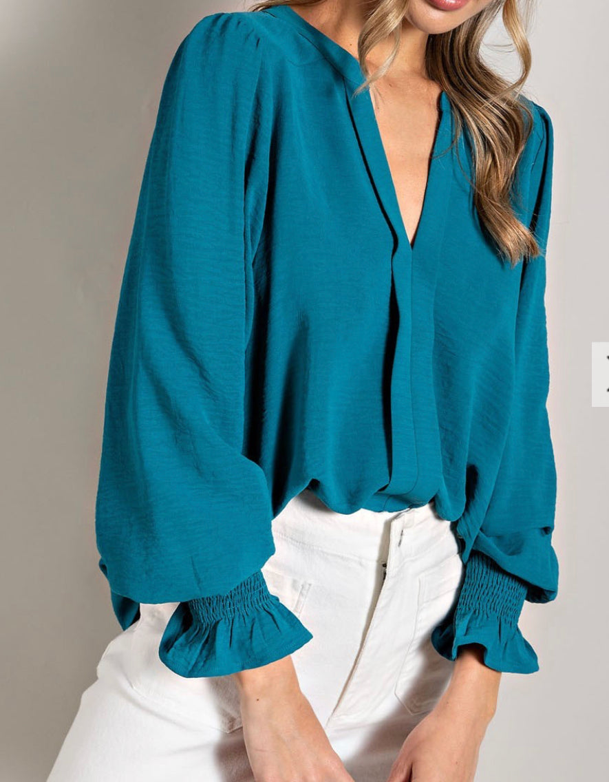 Teal Smocked Cuff Blouse