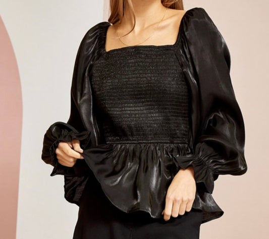 Black Shimmer Ruffle Trim Top