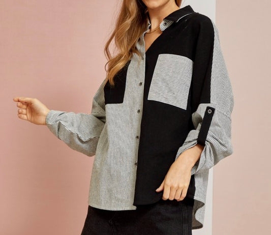 Black | Charcoal | Stripe Patchwork Button up Top