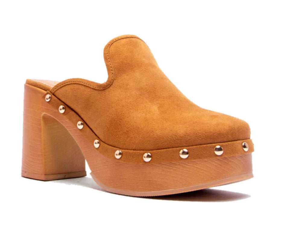 Camel Suede Studded Heel Mule