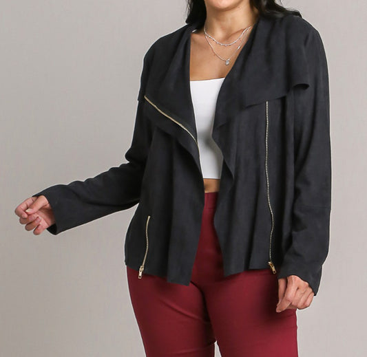 Black Suede Open Zipper Blazer