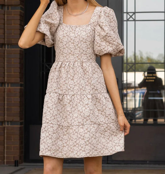 BEIGE JACQUARD PUFF SLEEVE BABY DOLL DRESS