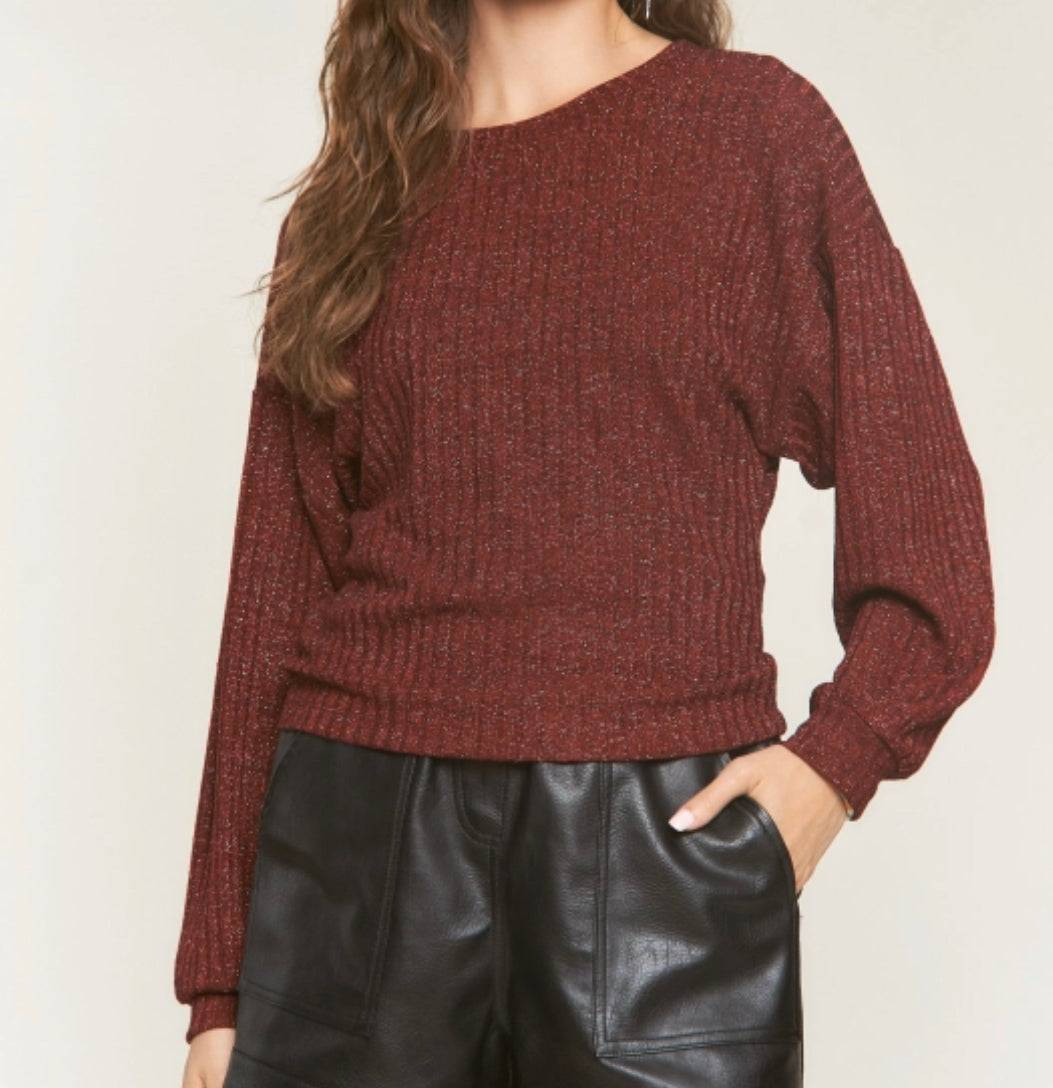 Burgundy Boxy Crop Rib Knit Sweater