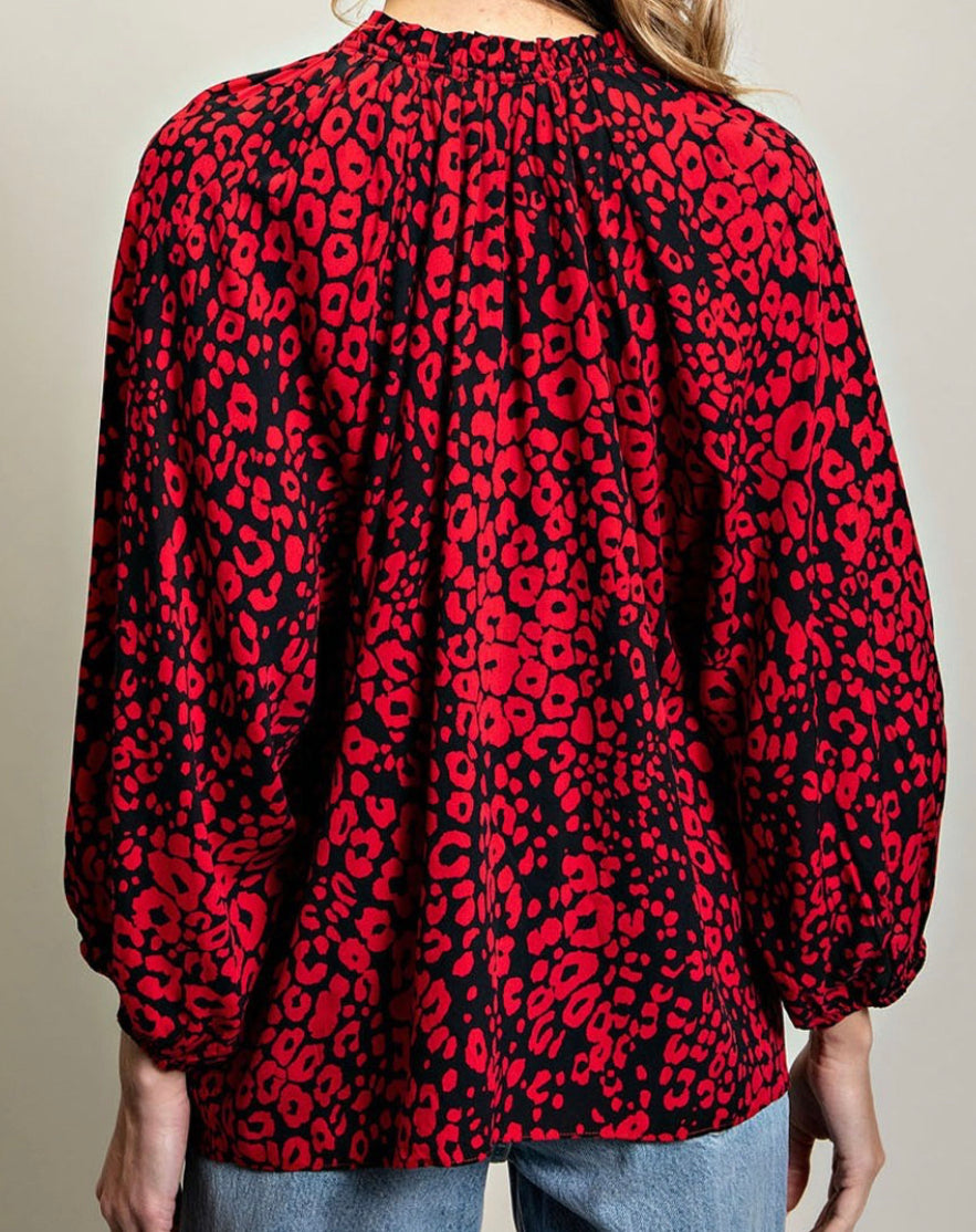 Red Leopard Drawstring Blouse