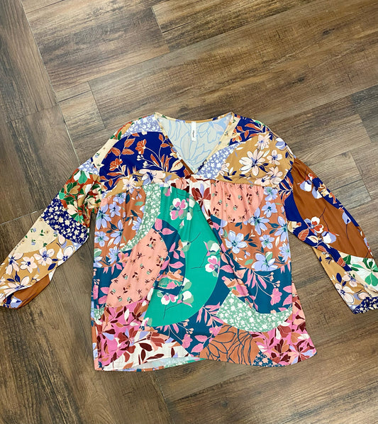 Rust Floral Abstract LS Puff Top