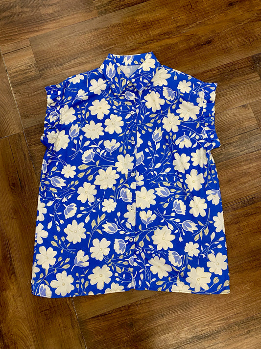 Royal Blue Floral Ruffle Sleeve Top