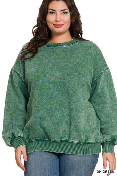 Plus Acid Wash Half Zip Pullover Green