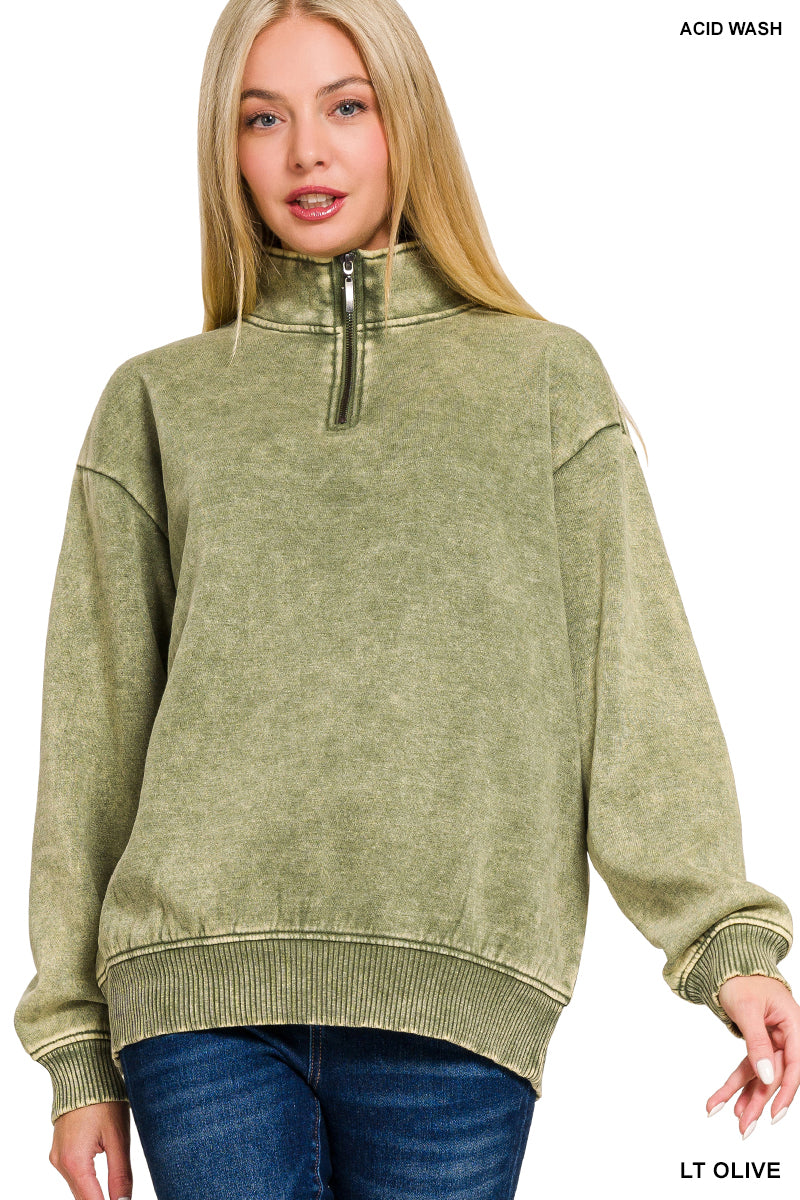 Acid Wash Half Zip Pullover Light Olive