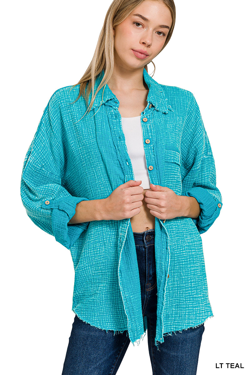 Double Gauze Button Down Light Teal