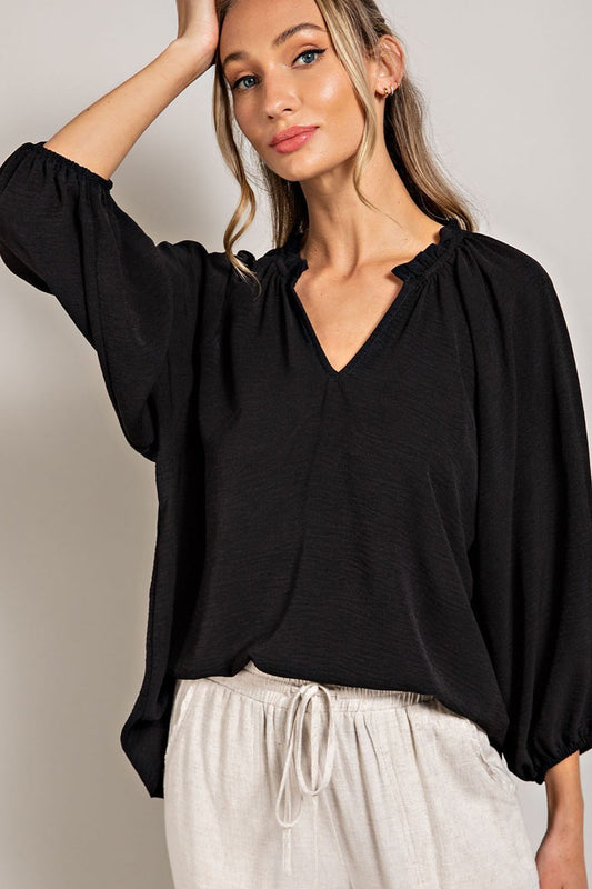 Black Ruffled Puff Sleeve Blouse