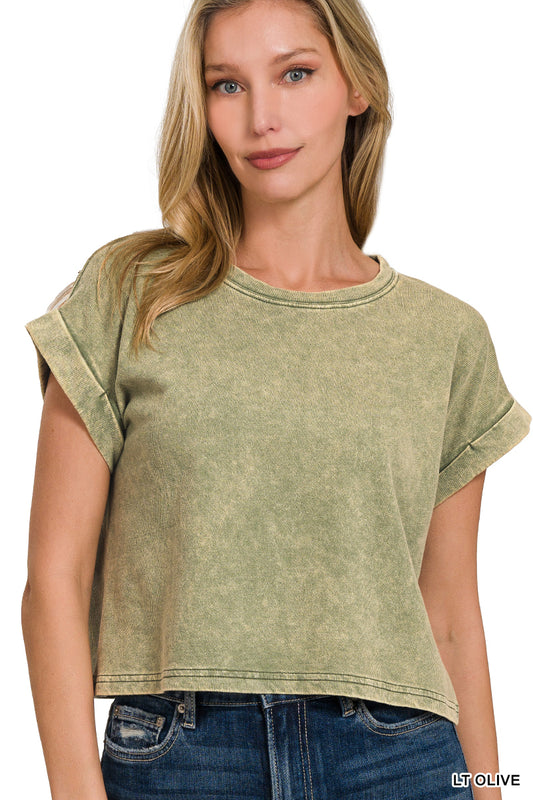 Acid Wash Cropped Top Light Olive