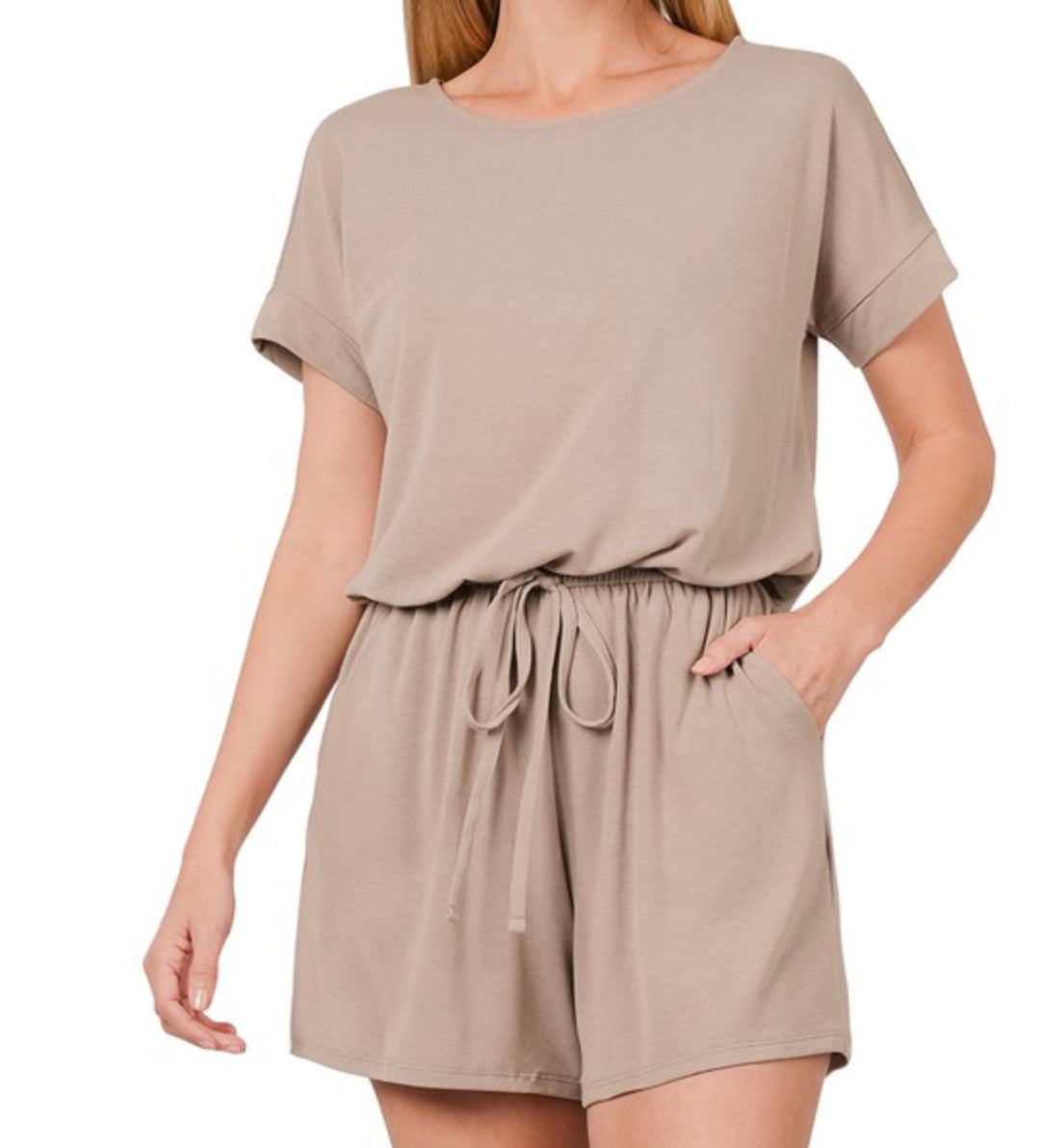 Ash Mocha Tie Romper with Pokets