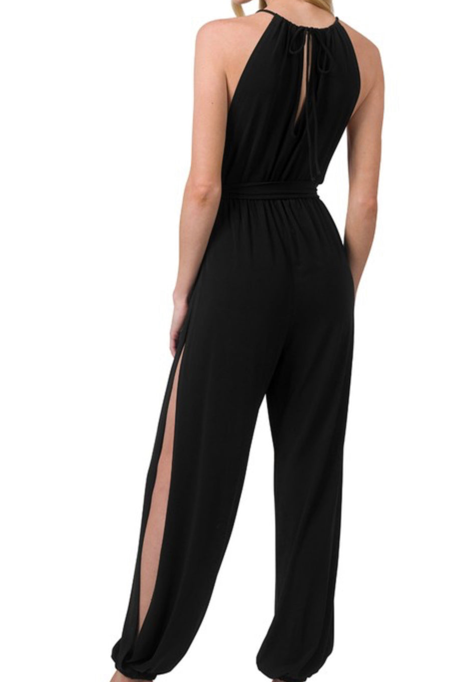 Halter Neck Tie Waist Split Side Romper/Jumpsuit