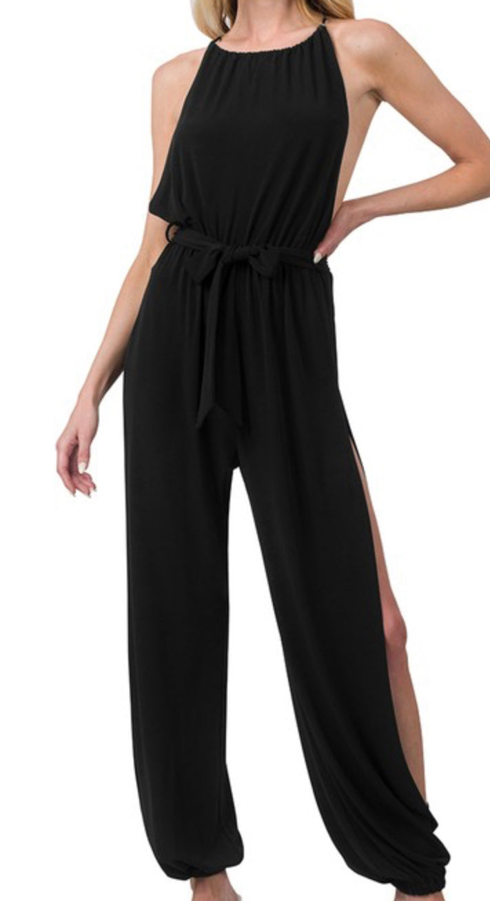 Halter Neck Tie Waist Split Side Romper/Jumpsuit