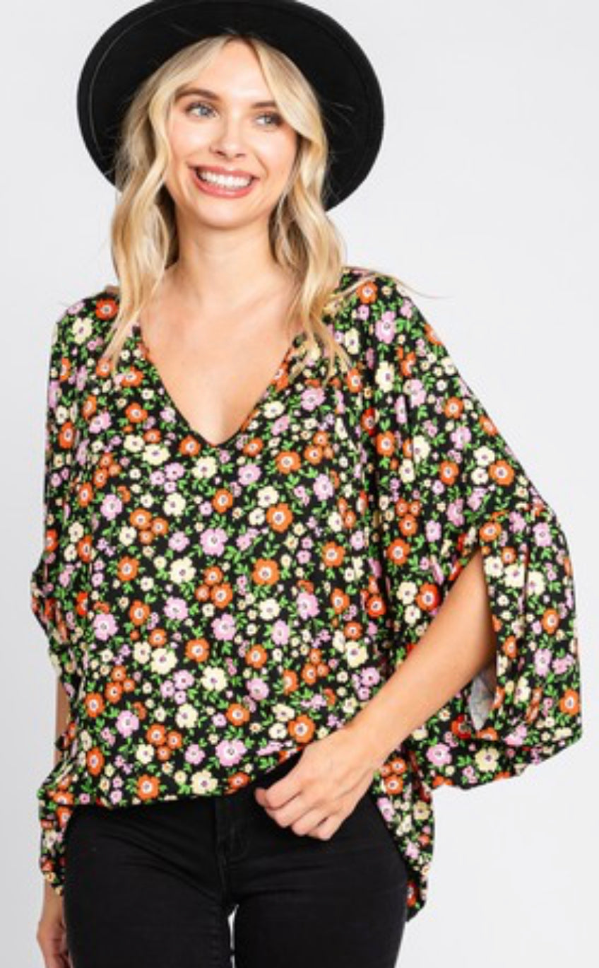 Black Floral Print Layered Sleeve Top