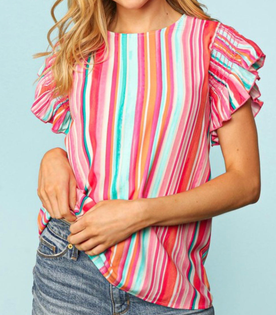 Fuchsia | Teal Stripe Ruffle Frill Top