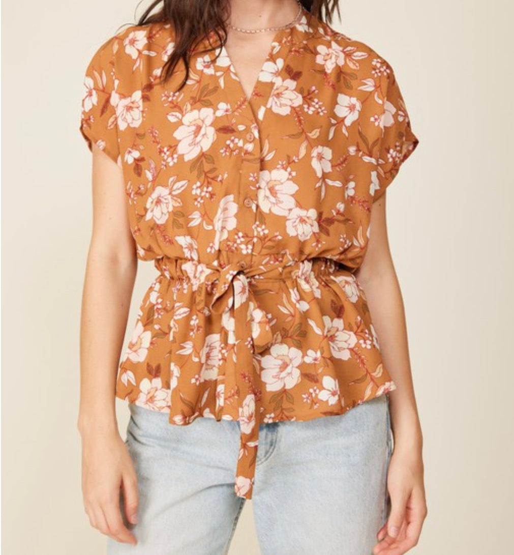 Camel Floral Tie Top