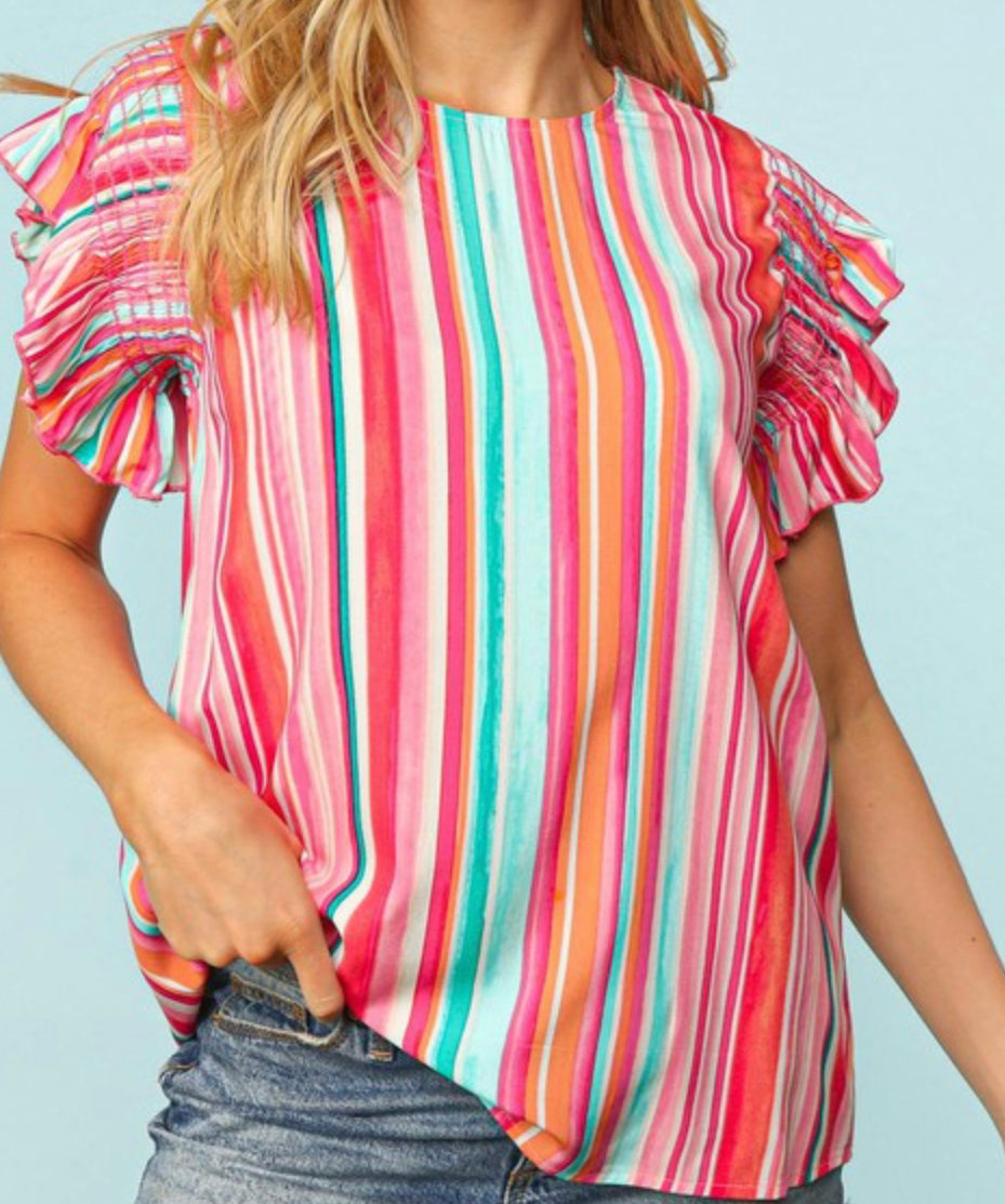 Fuchsia | Teal Stripe Ruffle Frill Top